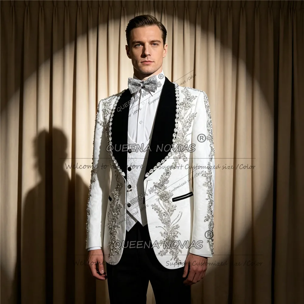 Sparkly Diamond Beaded Suit Men For Wedding Floral Jacquard Pattern Prom Blazer Customized 3 Piece Sets Groom Tuxedos Attire