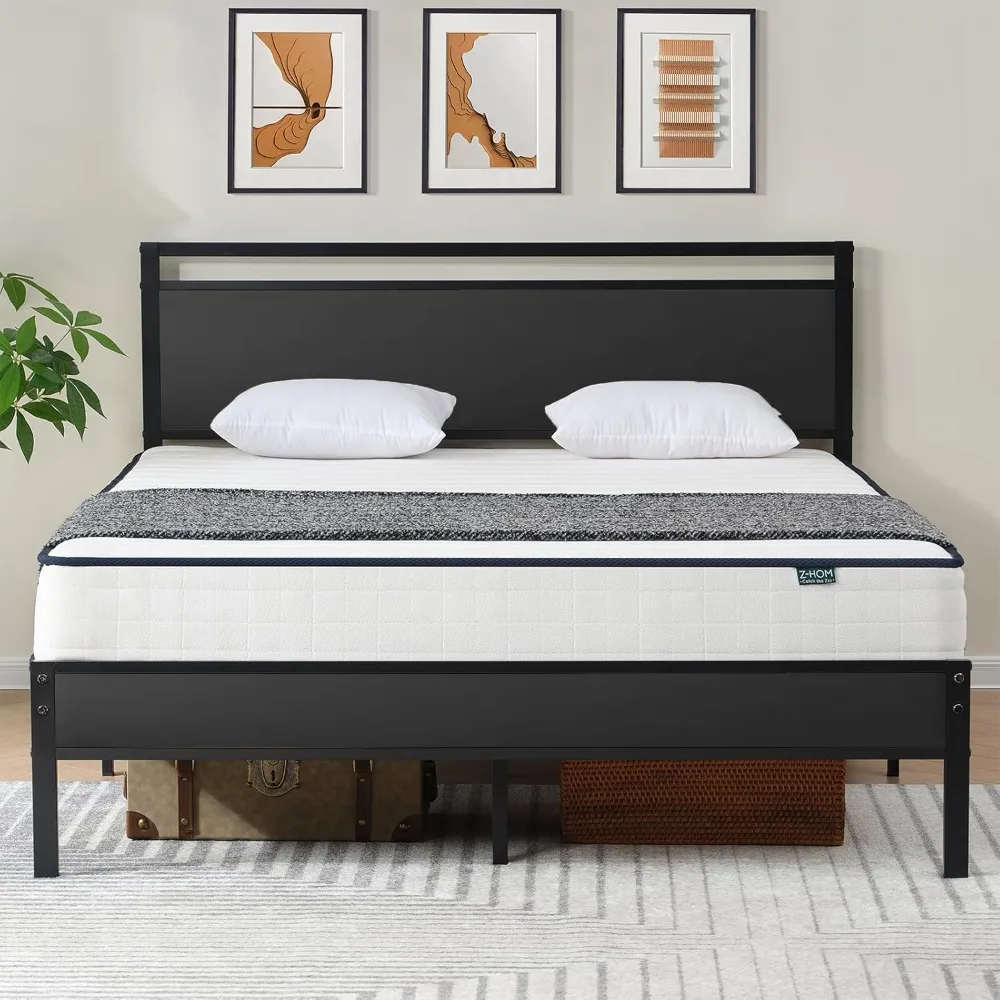 

Bed Frames, Queen Bed Frame with Modern Wood Headboard, Upgraded Heavy Duty Metal Sturdy Bed Frame, No Noise No Box Springs