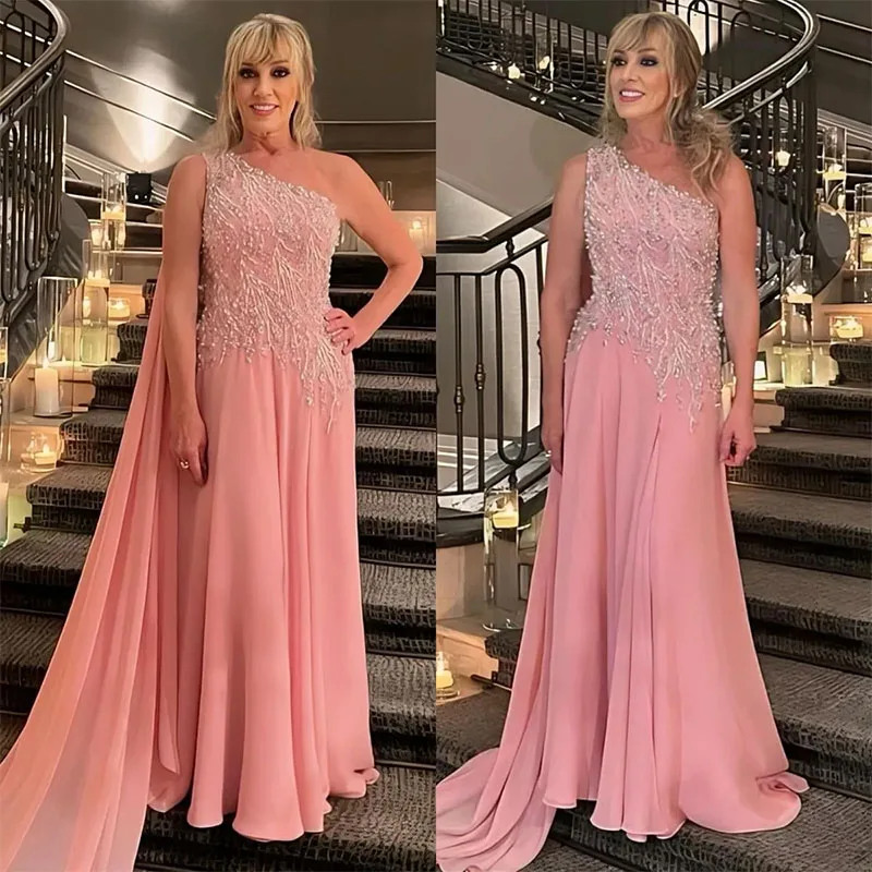 Customized Elegant Pink Mother Of The Bride Dresses One Shoulder Beaded Wedding Guest Dress Ruffle Long Evening Gowns 2025