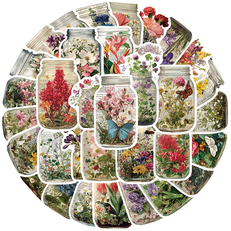 50 Stück Flaschenwelt-Aufkleber, Blumen- und Pflanzen-ästhetische Aufkleber, wasserfester Vinyl-Aufkleber für Wasserflaschen, Laptop, Tagebuch, Scrapbooking