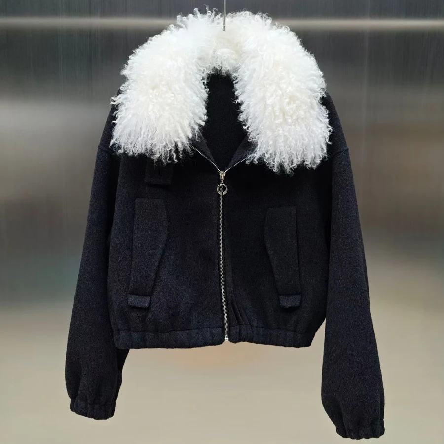 

Woolen Coats Woman Natural Lamb Fur Collar Warm Wool Coat For Women Winter New Outerwear