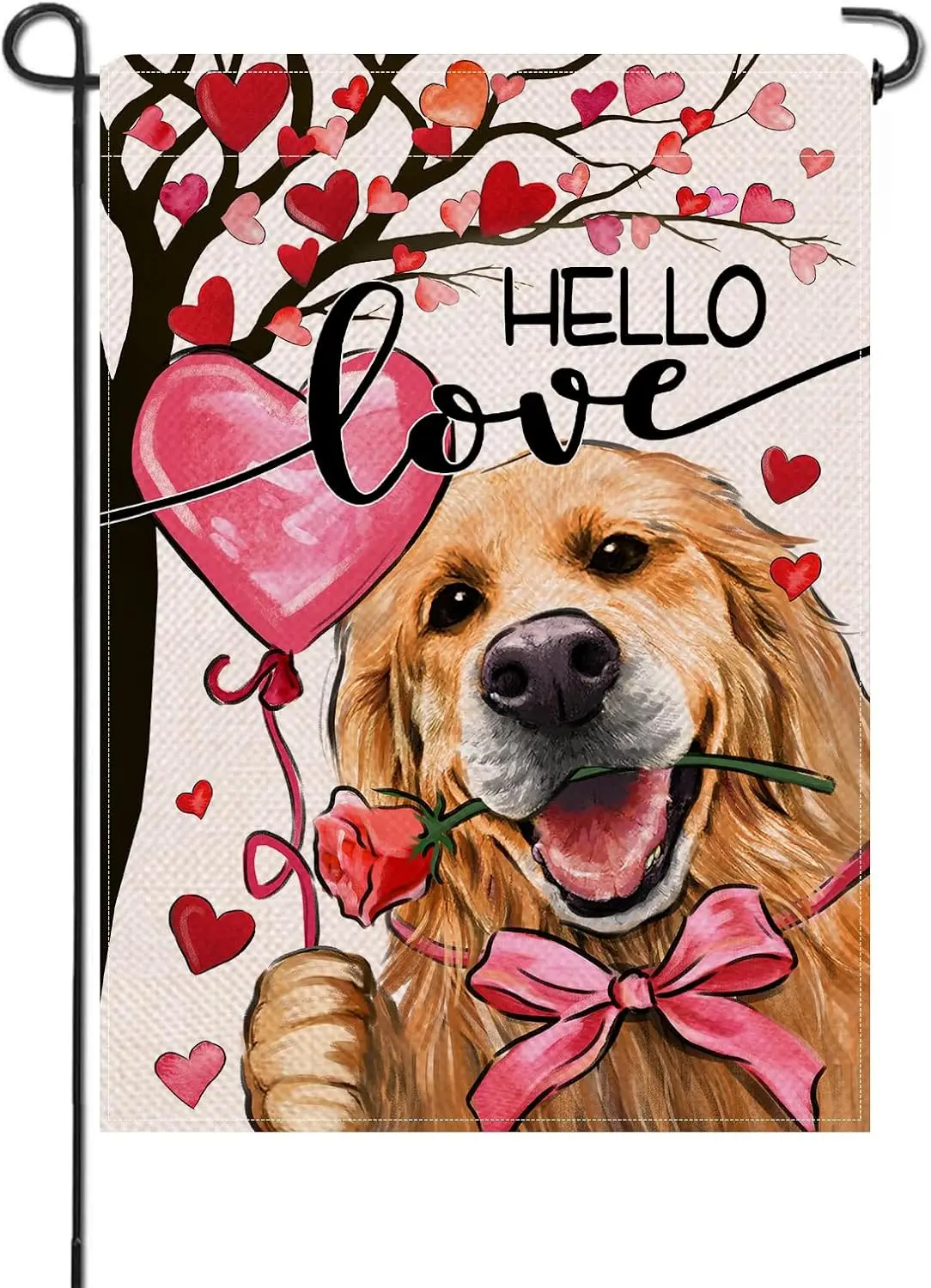 Artofy Hello Love Golden Retriever Dog Small Decorative Garden Flag, Valentine's Day Puppy Pink Red Heart Tree Yard Lawn Out