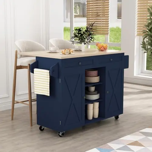 Kitchen Island On Wheels, Blue Rolling Kitchen Island Cart with Solid Wood Drop Leaf Prep Table, Barn Door Kitchen
