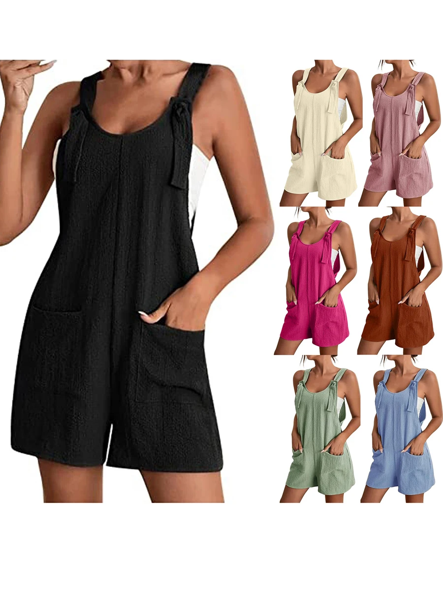 2024 Summer Women\'s Jumpsuit Overalls Short Loose Sleeveless Wide Leg Overall Solid Casual Daily Basic Romper with Pockets