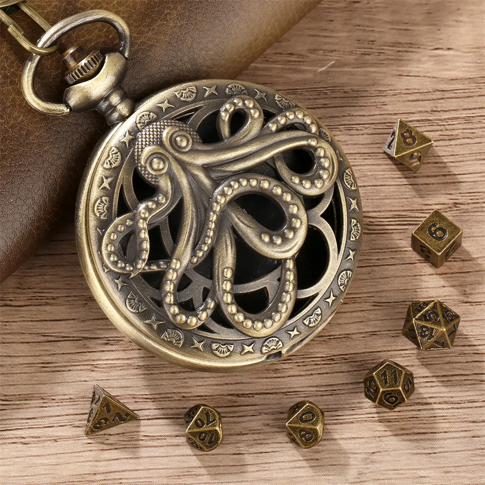 Hollow Octopus Pocket Watch Case with 7pcs/Set Mini Polygon Entertainment Dices Vintage Mini Jewelry Storage Pocket Watch Shell