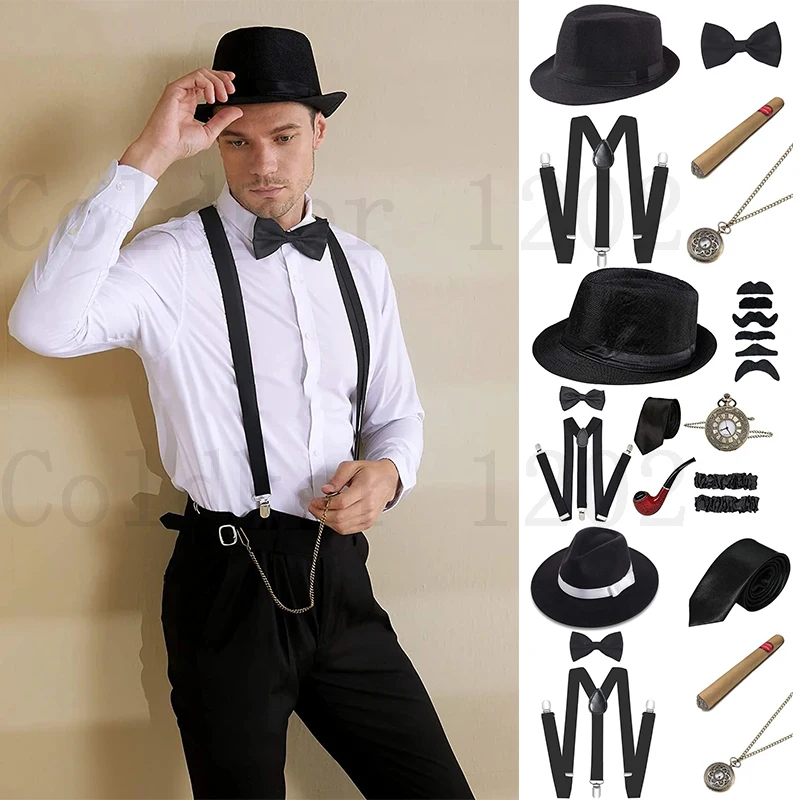 

Free Ship Halloween 1920s Mens Gatsby Gangster Accessories Set Panama Hat Suspender Bow Tie 20s Great Gatsby Cosplay Accessories