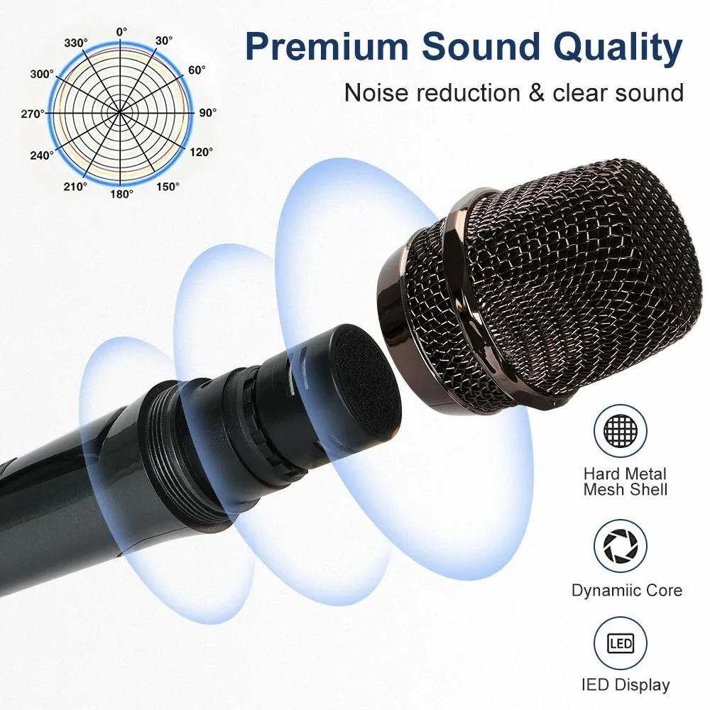Wireless Microphone 2 Channels UHF Dual Handheld Dynamic Microphone with Rechargeable battery For Karaoke Party Home Meeting