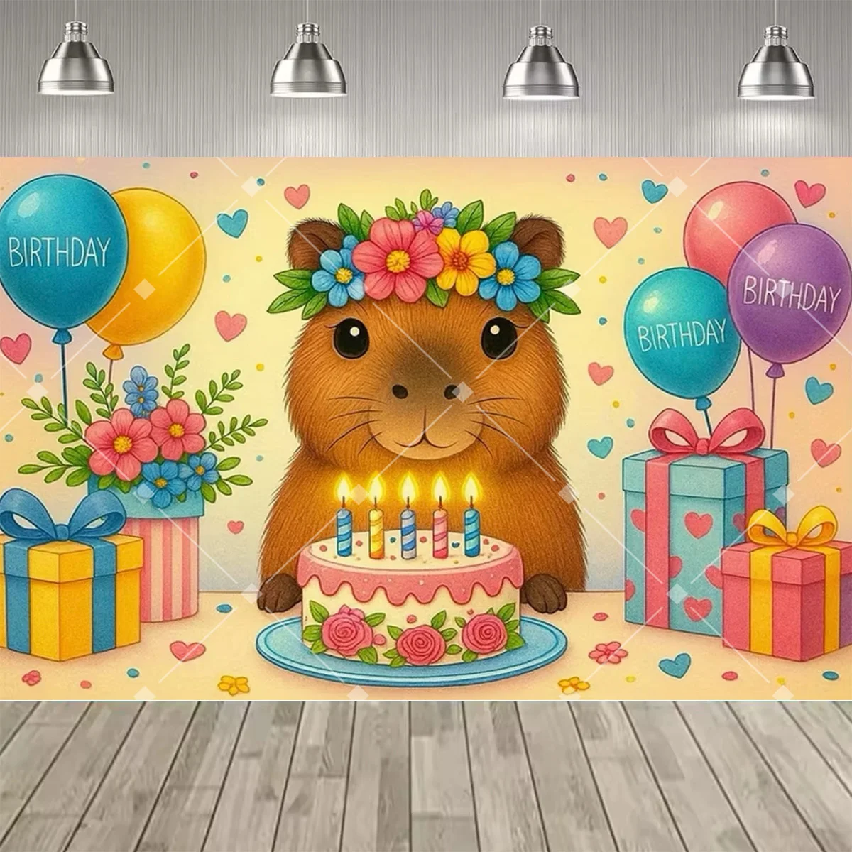 Niedliches Capybara-Meerschweinchen-Themen-Party-Hintergrundbild, Buntes Ballon-Kuchen-Druck-Banner für Kindergeburtstags-Partydekorationen, Poster – Detail 9