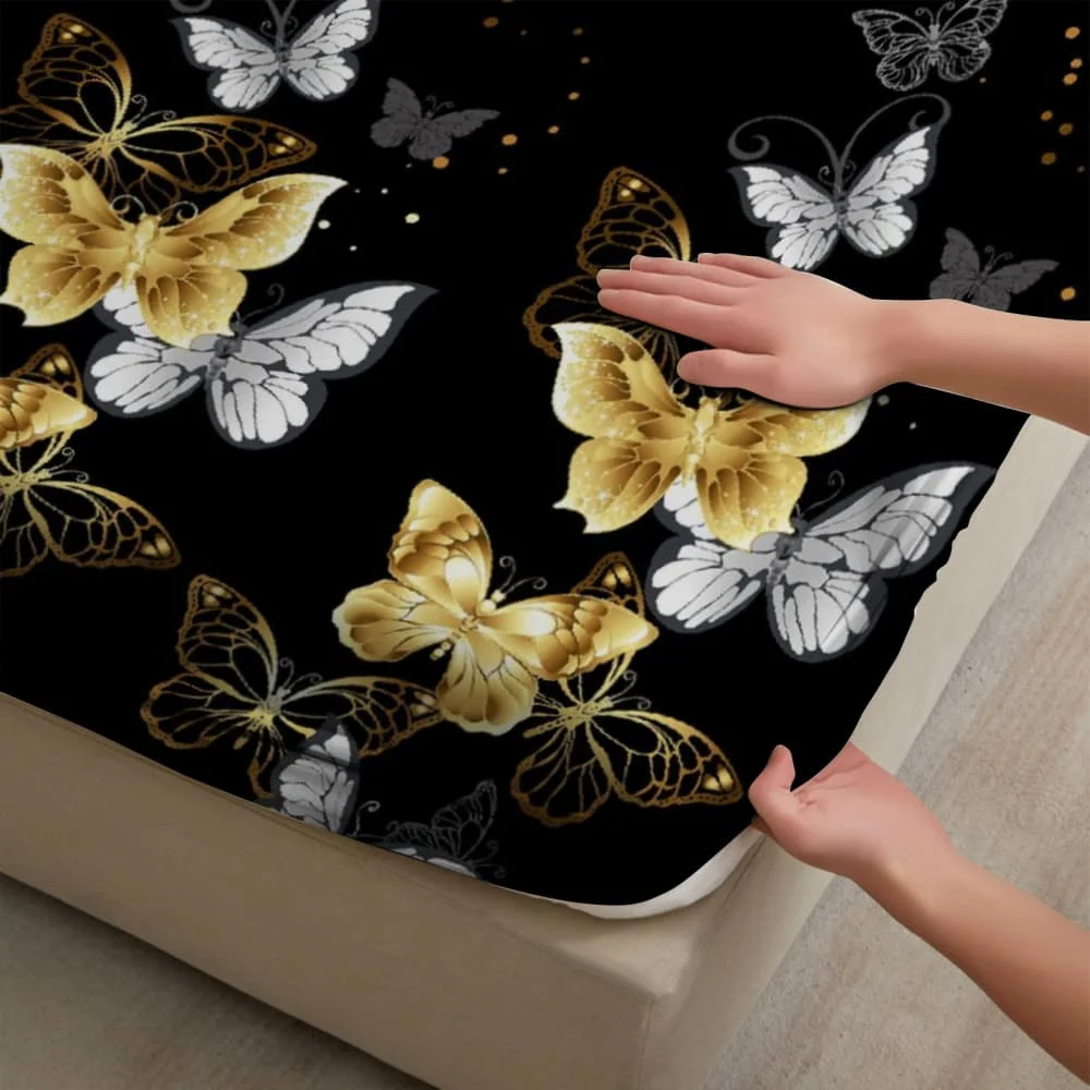 1 Stück Luxuriöses Gold-Weißes Schmetterlingsmuster Spannbettlaken mit Tiefen Taschen Elastischer Matratzenbezug Einzel Doppel Queen King Schlafzimmer Deko