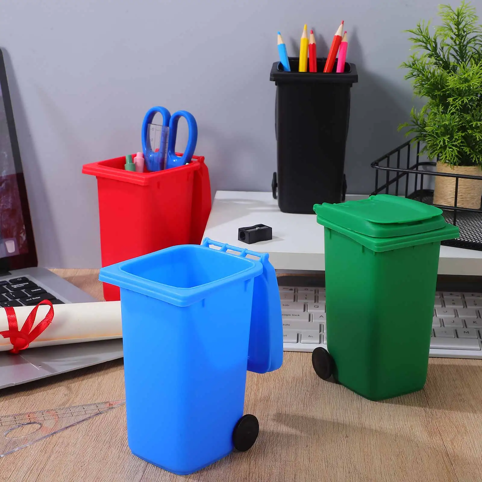 4Pcs Mini Garbage Can Pencil Holder Cute Hard Plastic Pen Storage Box with Lid and Wheels Vibrant Colors Desk Organization