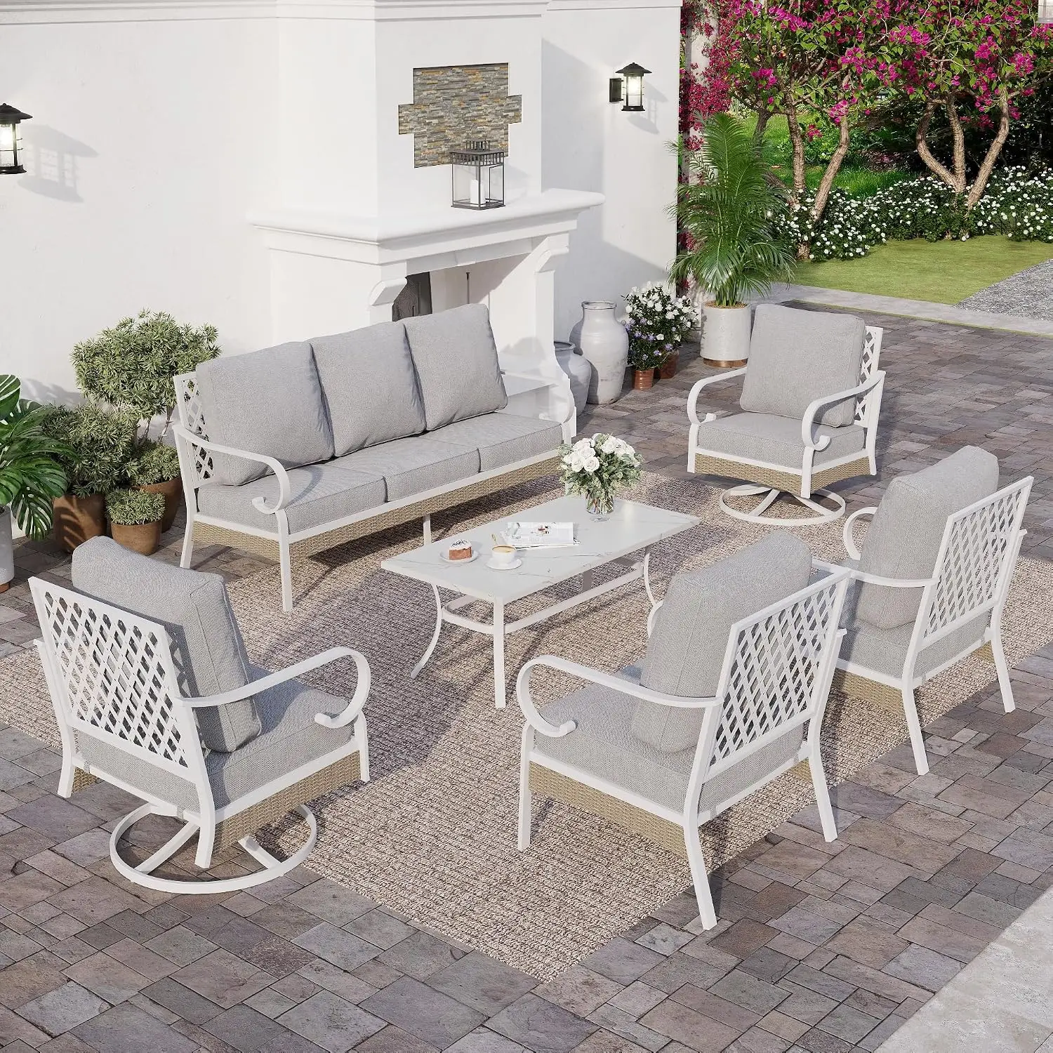 6 Piece Metal Outdoor Patio Furniture Set, Patio Conversation Set 1 3-Seater Couch, 2 Fixed Sofa, 2 Swivel Sofa, Customized