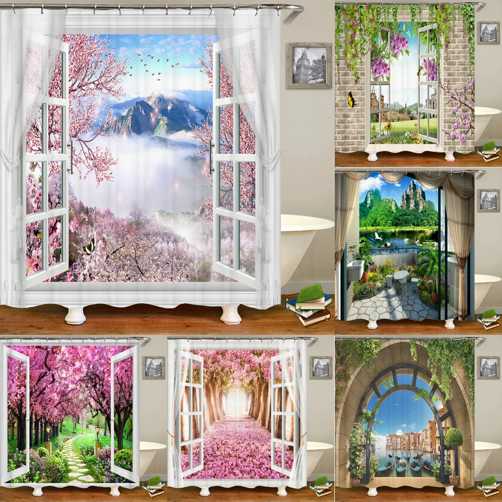 Scenic Window Printing Shower Curtain Home Decor Waterproof Bathroom s With Hooks