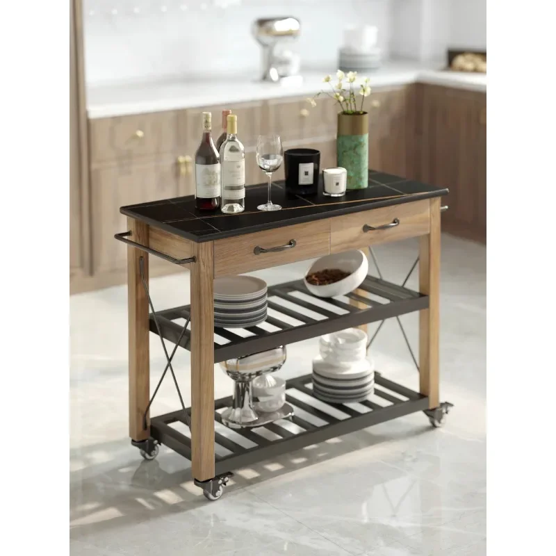 Nordic kitchen cooking Zhongdao platform movable trolley cutting table solid wood rock slab dining side cabinet small apartment