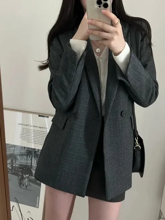 Chique casual solto terno feminino jaet outono inverno novo sle coreano sle longo sve duplo breasted simples gola clássica