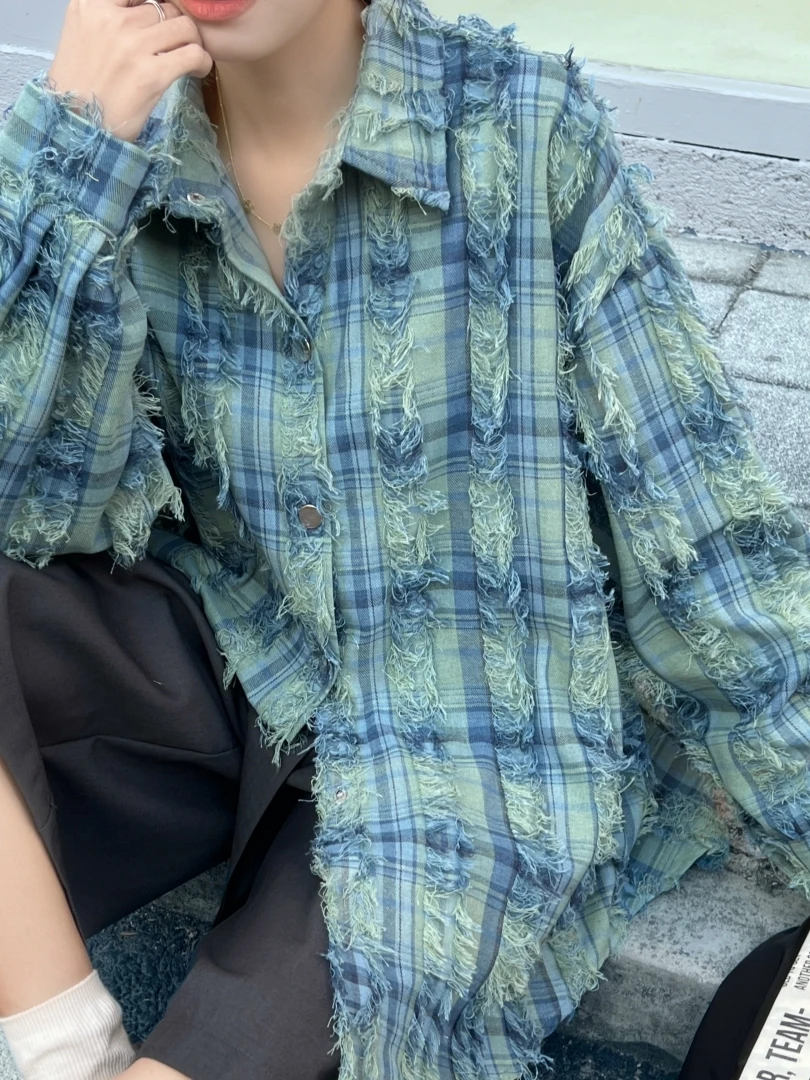 

Elegant Plaid Tassel Shirt Women's Spring Autumn Medium Length Loose Vintage Fashionable Top Women's Collar Button up