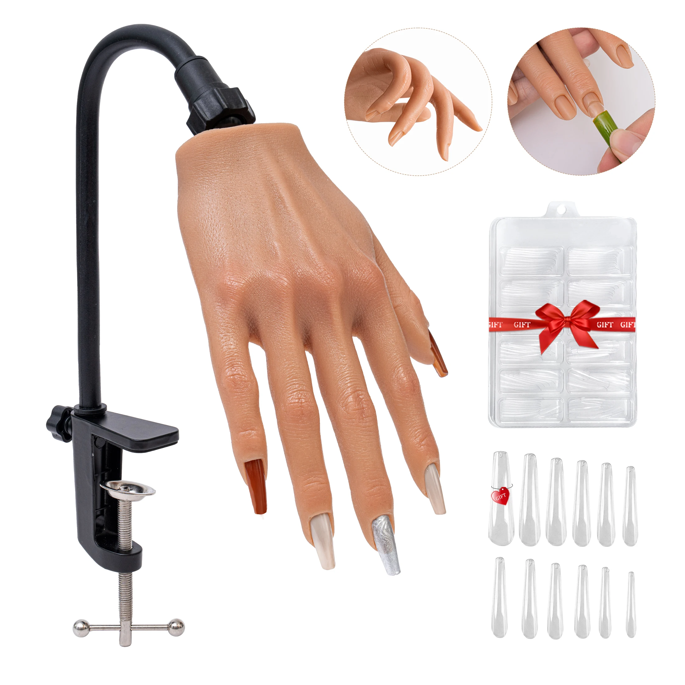 

Silicone Nail Training Hand-Flexible Practice Mannequin with Nail Tips for Acrylic, Gel Polish & Nail Art, Beginner Manicure Kit