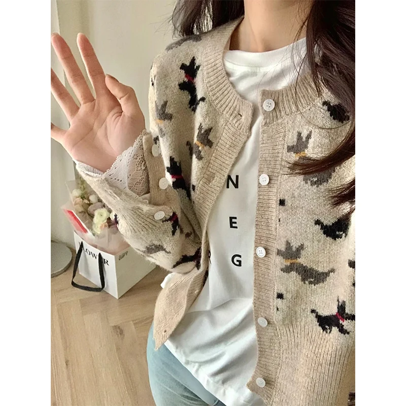 MEXZT Cropped Knitted Cardigan Women Streetwear Print Sweater Outerwears Winter Long Sleeve Knitwear Korean Casual Jumpers New