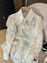 Spring Summer Long Sleeve Sequins Petals Applique White Beige Mesh Shirts and Blouses For Women Sexy See- through Tops