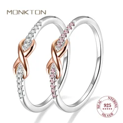 Monkton Real 925 Sterling Silver Infinity Knot Rings for Women Shiny White/Pink Zircon Eternity Promise Ring Wedding Jewelry