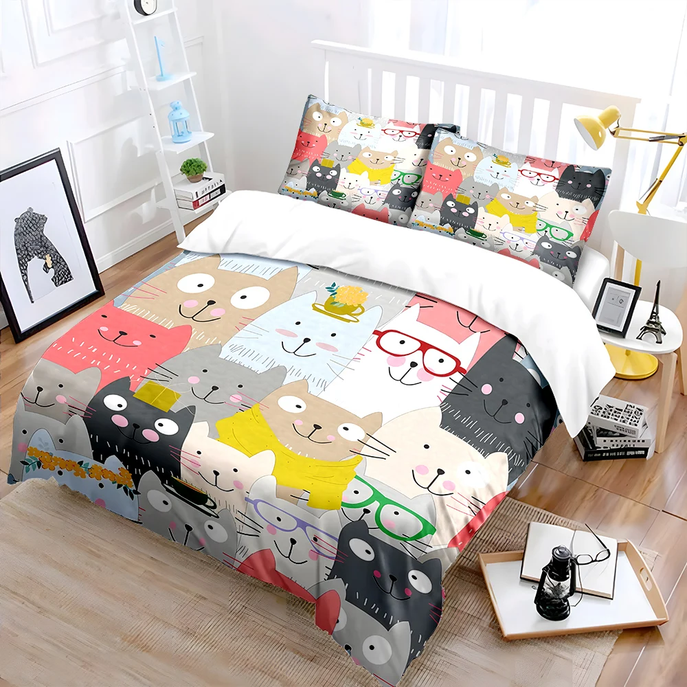 Cute cats group colorful decor Print Bedding Set 1 Duvet Cover 2 Pillowcases for Adult and Children Luxury Gift Full Size