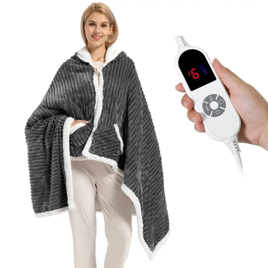 

Blanket Heated Throw, Soft Flannel amp Sherpa Wearable Heated Blanket Hoodie, Heated Shawl Wraps for Gift with 6 Heating Levels