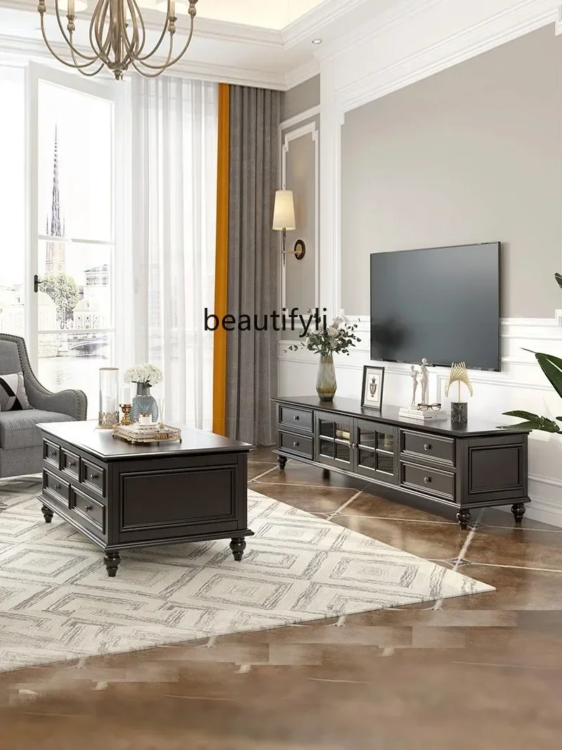 

American Country Solid Wood TV Cabinet Retro Living Room Floor Cabinet Coffee Table Simple TV Stand