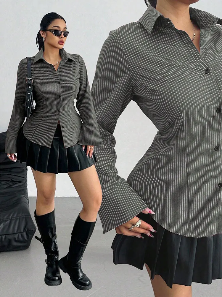 Nieuwe Plus Size Revers Print Gestreept Shirt Met Lange Mouwen Knop Slim-Fit Top Blouse Veelzijdige Elegante Kantoormode Vrouwelijke kleding