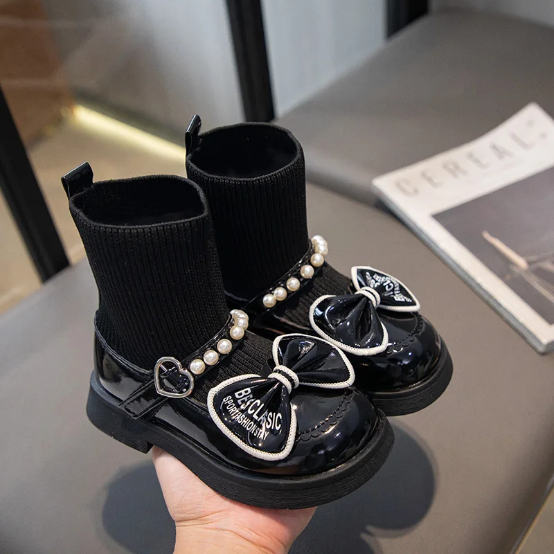 Girls Sock Boots with Bow-knot Kids Fashion Ankle Boots Non-slip Elegant Glossy UK Uniform Children Princess Leather Boots