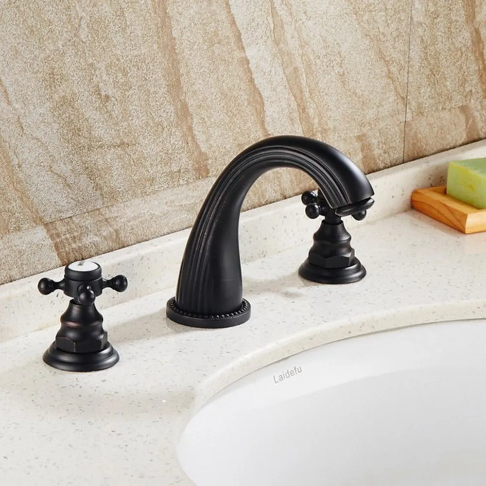 

Black Oil Rubbed Bronze Bathroom Basin Faucet 3 Holes Widespread Dual Handles Mixers Tap Deck Mounted tnf079