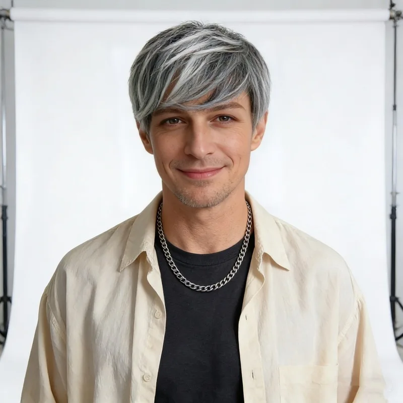 Men'S Black White Gradient Short Hair Wig Outdoor Daily Wear Simulated High Temperature Wire Head-Wearing Synthetic Wig