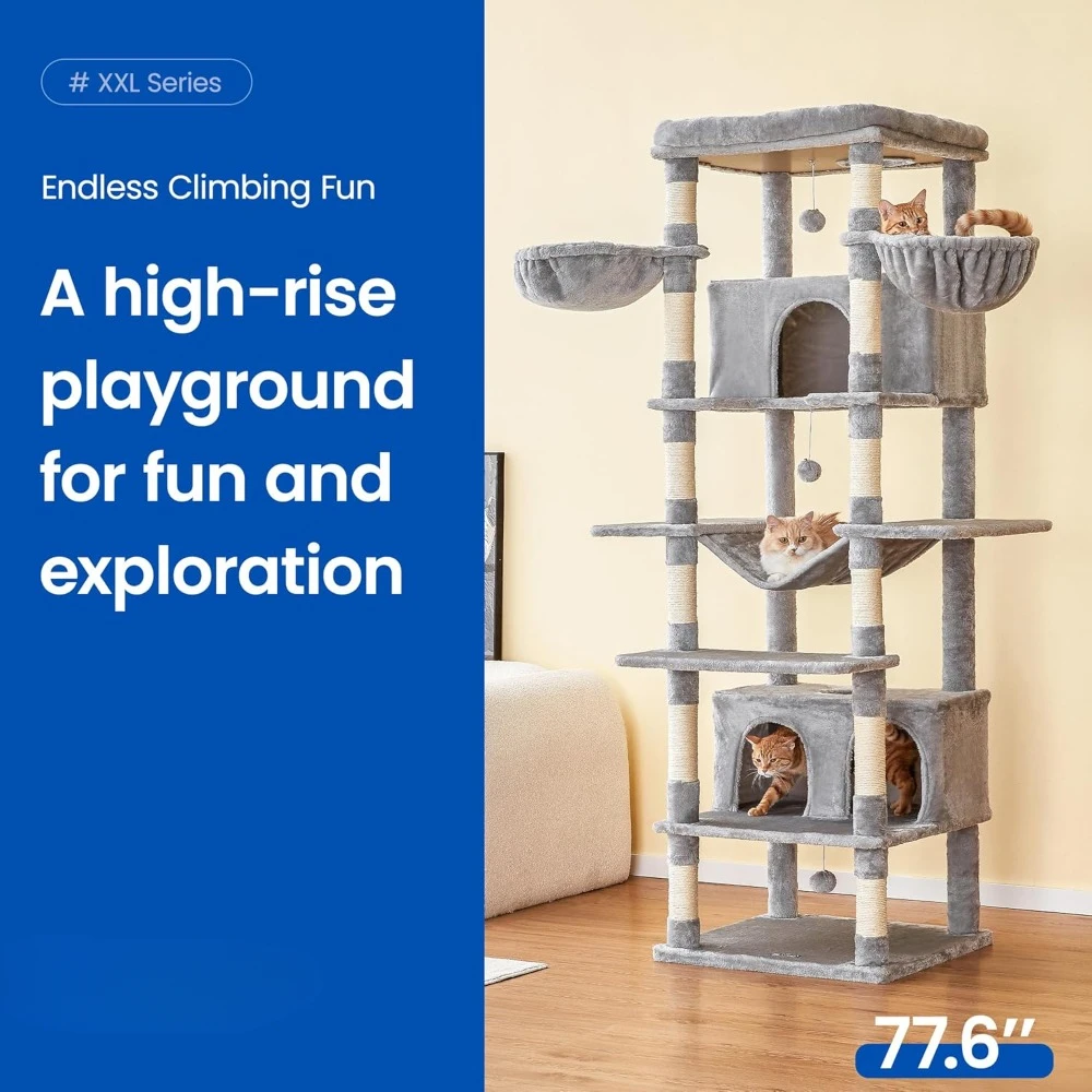 Cat Tree, 77.6in Extra Large w/ 2 Condos, Multi-Level Wide Perch, Scratching Posts, Hammocks, Dangling Toys