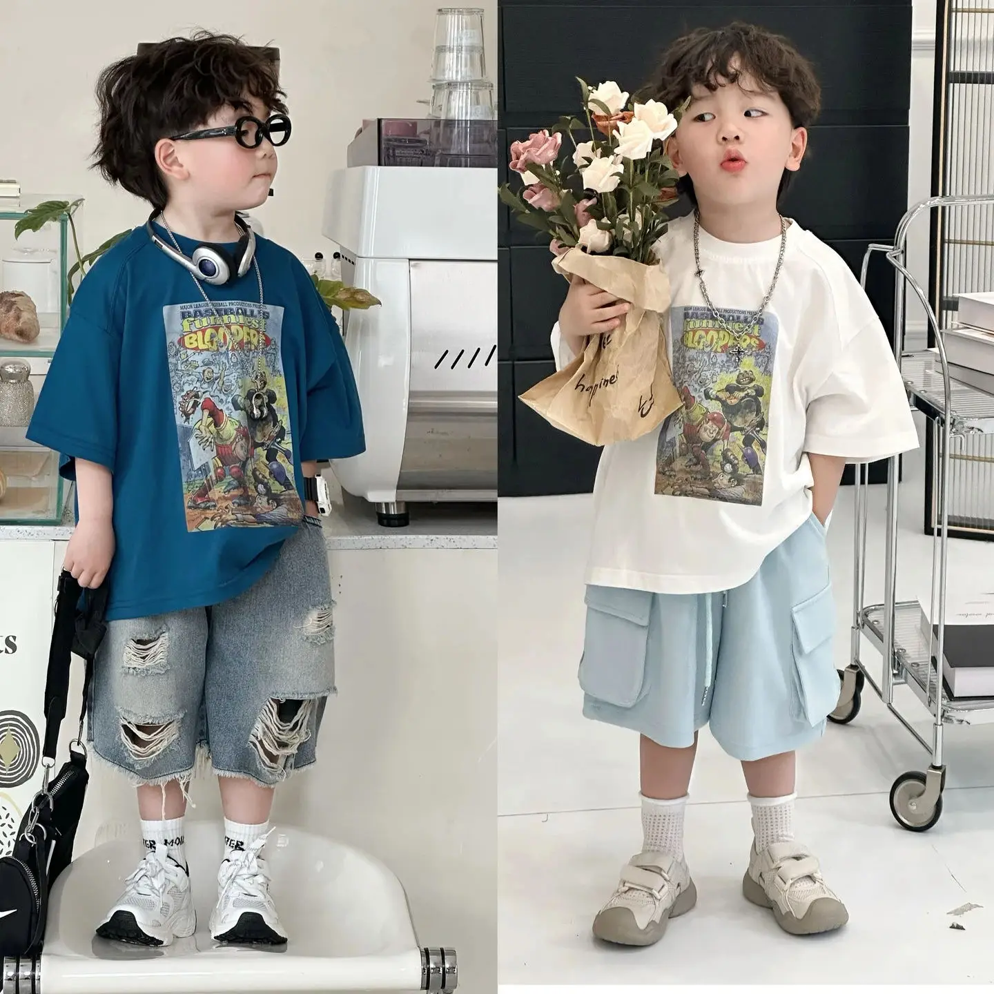 

1-10Y Children's Korean BOY Summer Set 2024 New Fashionable Kid Print T-shirt and Shorts Baby Two Piece Set Handsome Outfits