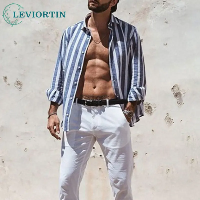 2025 New Hawaii Multi Color Breathable Versatile Fashion Stripe Thin Men's Beach Casual Loose Comfortable Long Sleeve Shirt
