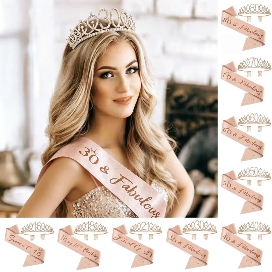 Geburtstags-Tiara Krone Schärpe für Frauen und Mädchen zum 10., 13., 16., 21., 30., 40., 50., 60., 70., 80. Geburtstag Partydekoration Geschenke – Detail 1