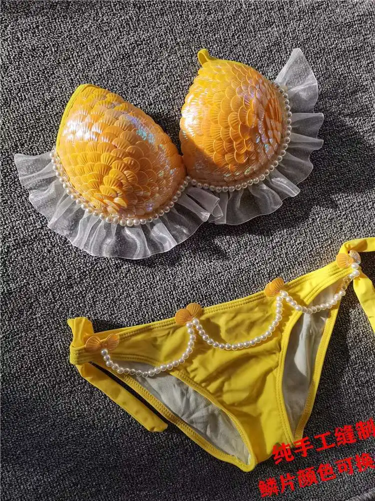 

New Thailand Shell Sequin Bikini Corset Mermaid Show Spa Vacation Split Swimsuit Gathered Sexy Corset Set