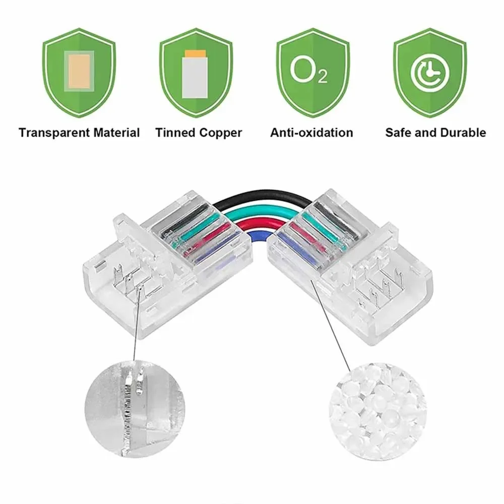 Conectores transparentes em forma de L, solda livre, única cor, CCT, RGB, RGBW, RGBCCT, faixa SMD, 90 graus, 2 pinos, 3 pinos, 4 pinos, 5 pinos, 6 pinos, 8 milímetros, 10 milímetros, 12 milímetros