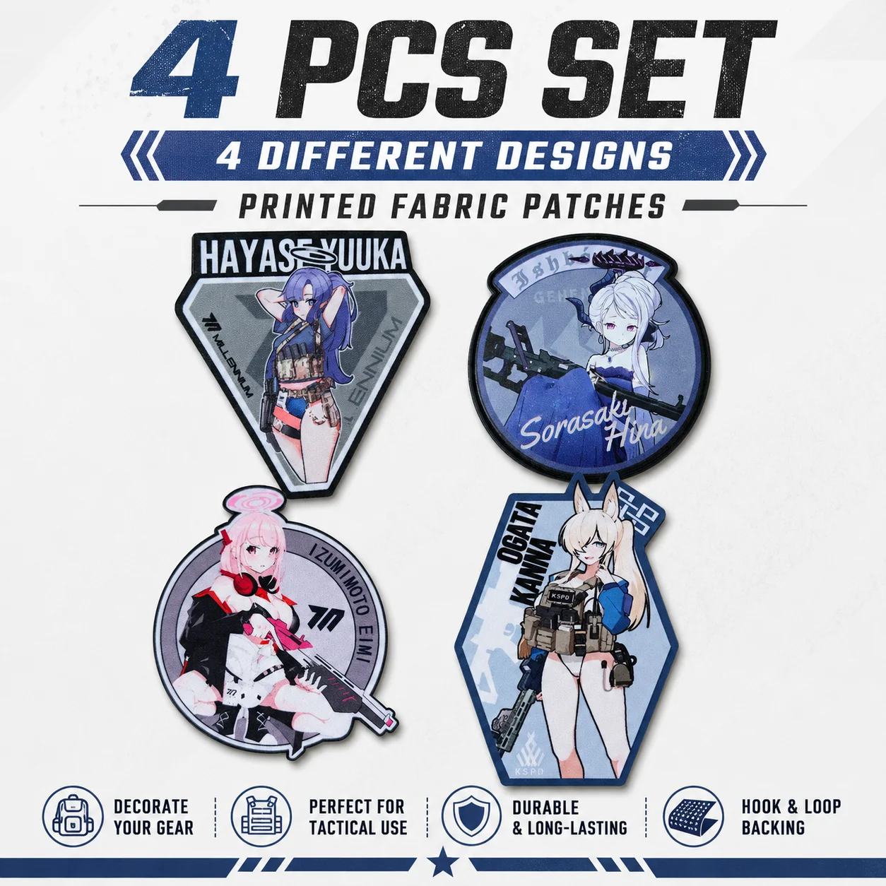 4PCS Anime Girl Printed Patches Tactical Morale Badge Hook and Loop Patch Set for Backpack Vest Helmet Jacket Outdoor Gear