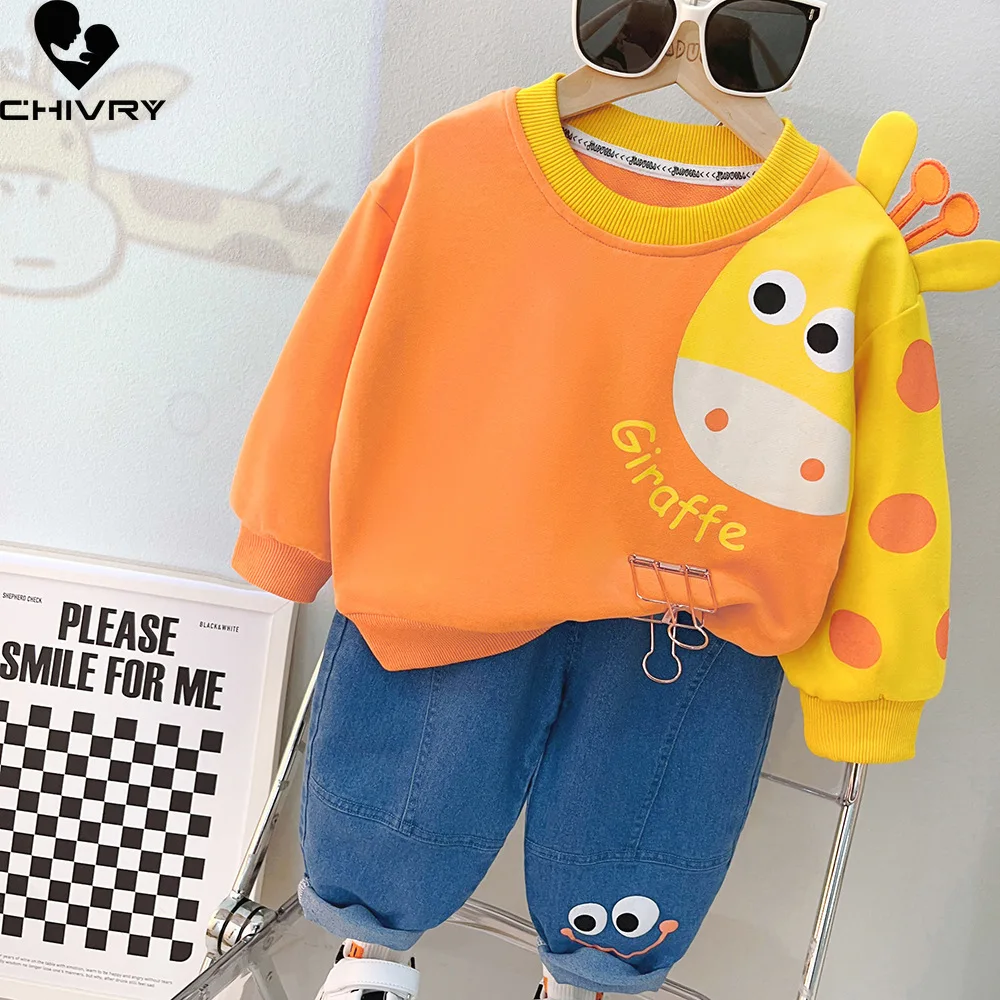 New 2023 Kids Baby Autumn Cute Cartoon Giraffe Letter Pullover Sweatshirt Tops with Denim Pants Boys Girls Fashion Clothing Sets