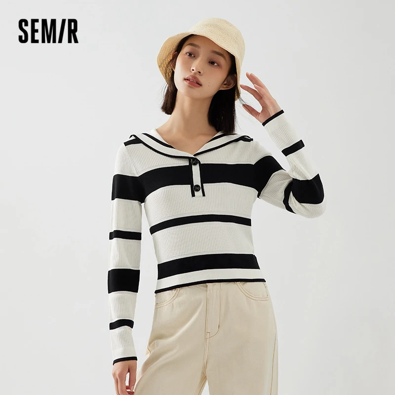 Semir 2023 Women Sweater Large Lapel Striped Shirt College Style Youth Autumn New Slim Pullover Art Sweater for Women