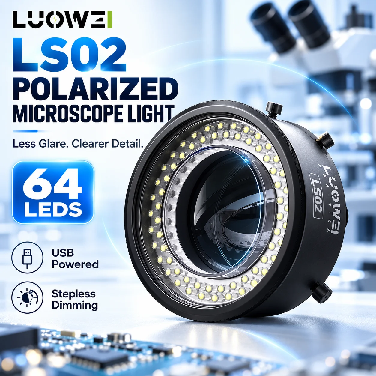 LUOWEI LS02 Polarized Microscope Ring Light 64 LED USB Powered Stepless Dimming 61mm Mount for Phone PCB Repair