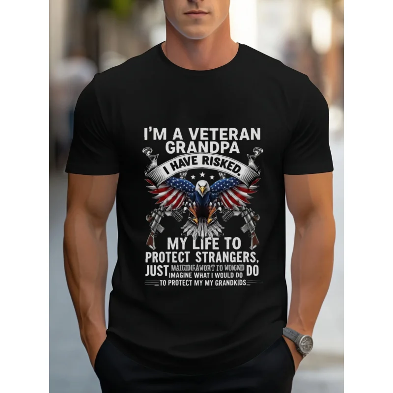 تي شيرت رجالي أبيض المخضرم الجد النسر العلم الأمريكي نص مطبوع لقد أخطر حياتي لحماية الغرباء سرير عالي الجودة