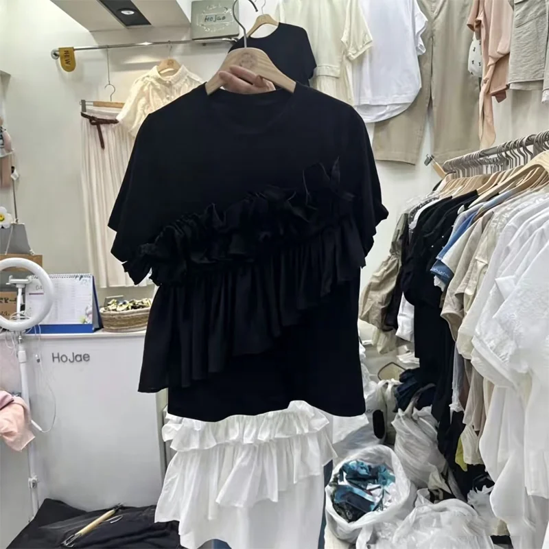 Korean Style Splice T-Shirt Women's Short Sleeve Summer New Fashion Design Lotus Leaf  round Neck Loose Fit Head over Foo...