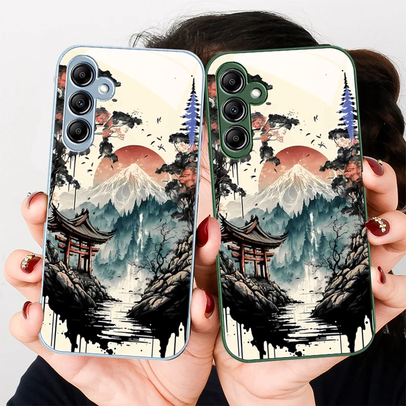 Ink painting sunset for Samsung Galaxy A01 02 03 Core A04 A14 4G A13 54 34 31 20 25 23 22 5G S21 Ultra S20 glass phone case