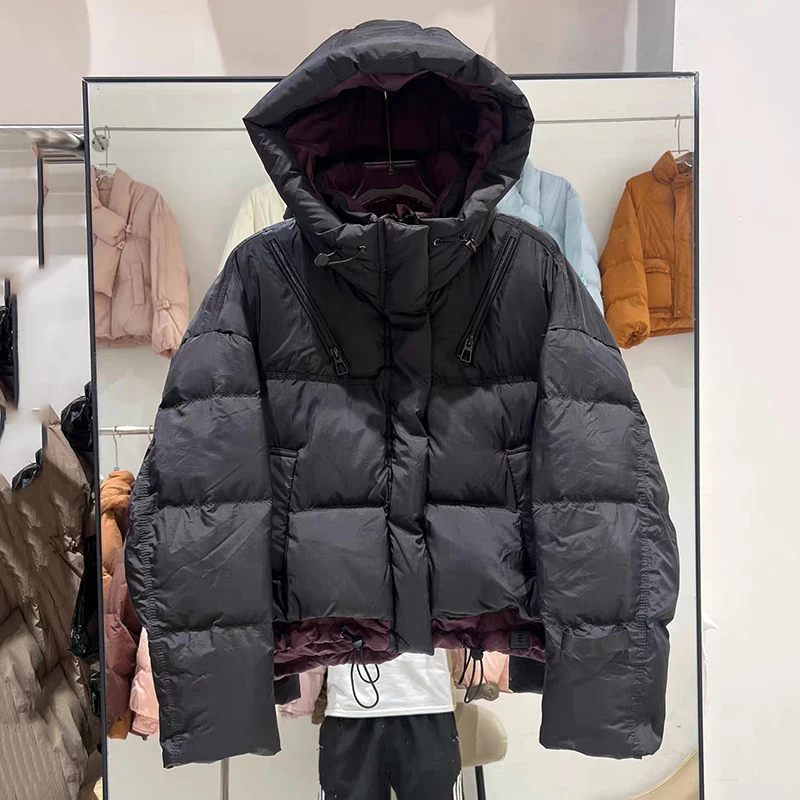 Winter Double Zipper Warm Thick Parker Jacket Female Puff Fluffy Short Hooded Down Jacket Women White Duck Down Quilted Outwears