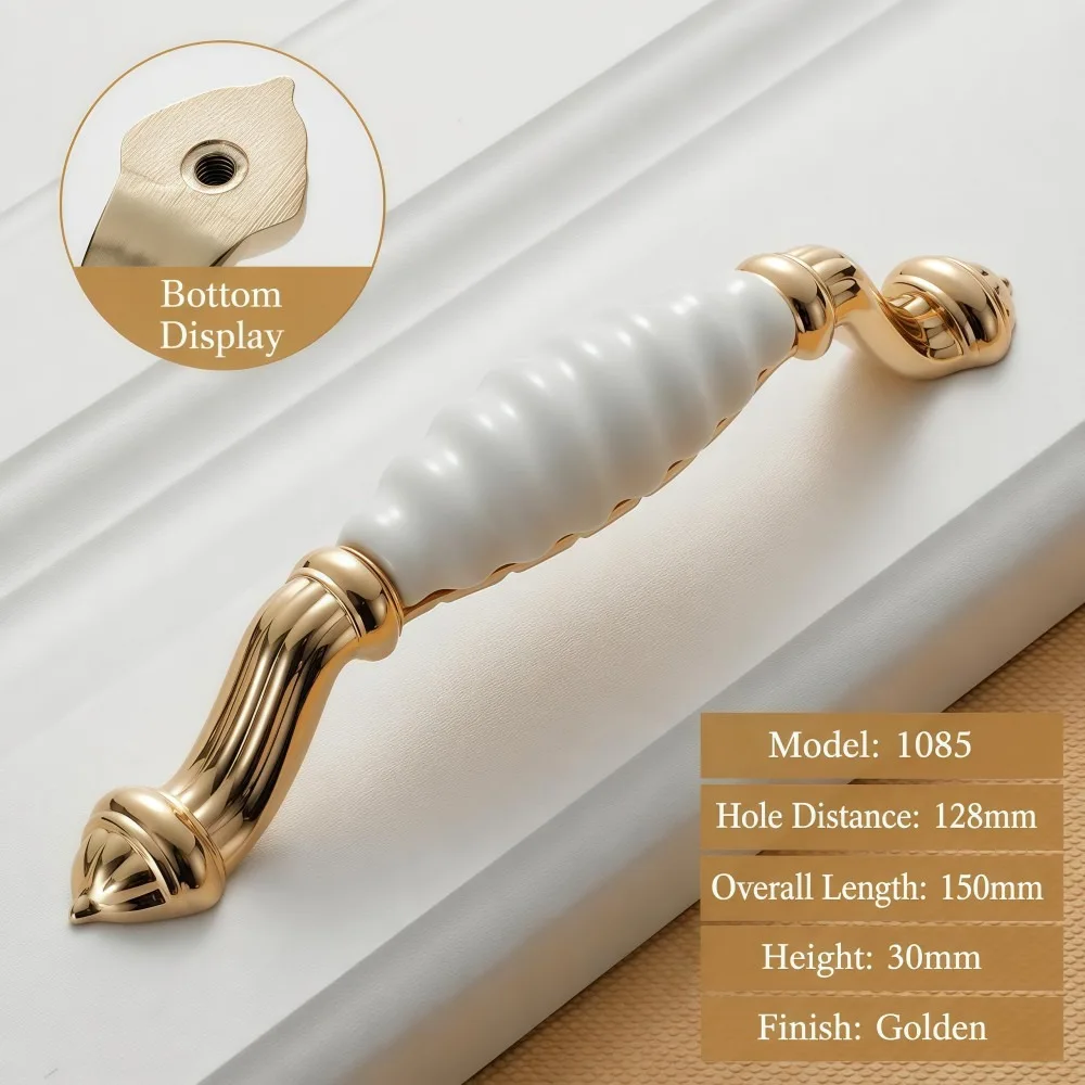 Elegant Ceramic Cabinet Handles 96mm 128mm Zinc Alloy Gold Drawer Pulls Smooth Classic Cabinet Door Knobs Furniture Hardware