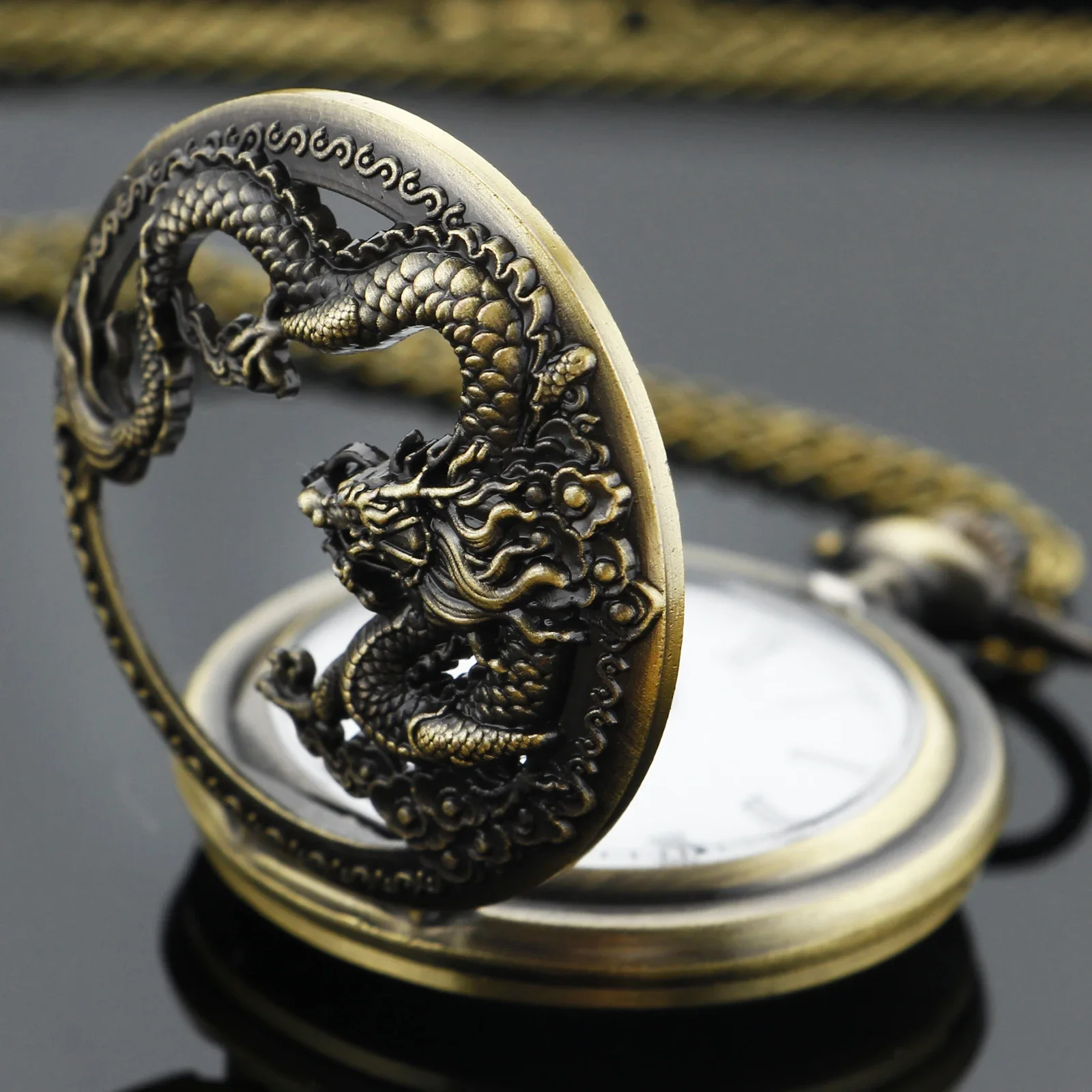 Vintage Steampunk Flying Dragon Embossed Hollow Digital Quartz Pocket Watch with Necklace Pandent Exquisite Gift for Male Women