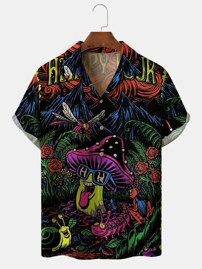 Colorful Bus Car Men\'s Hippie Peace and Love printed front button soft breathable chest pocket casual Hawaiian shirt men top 5XL