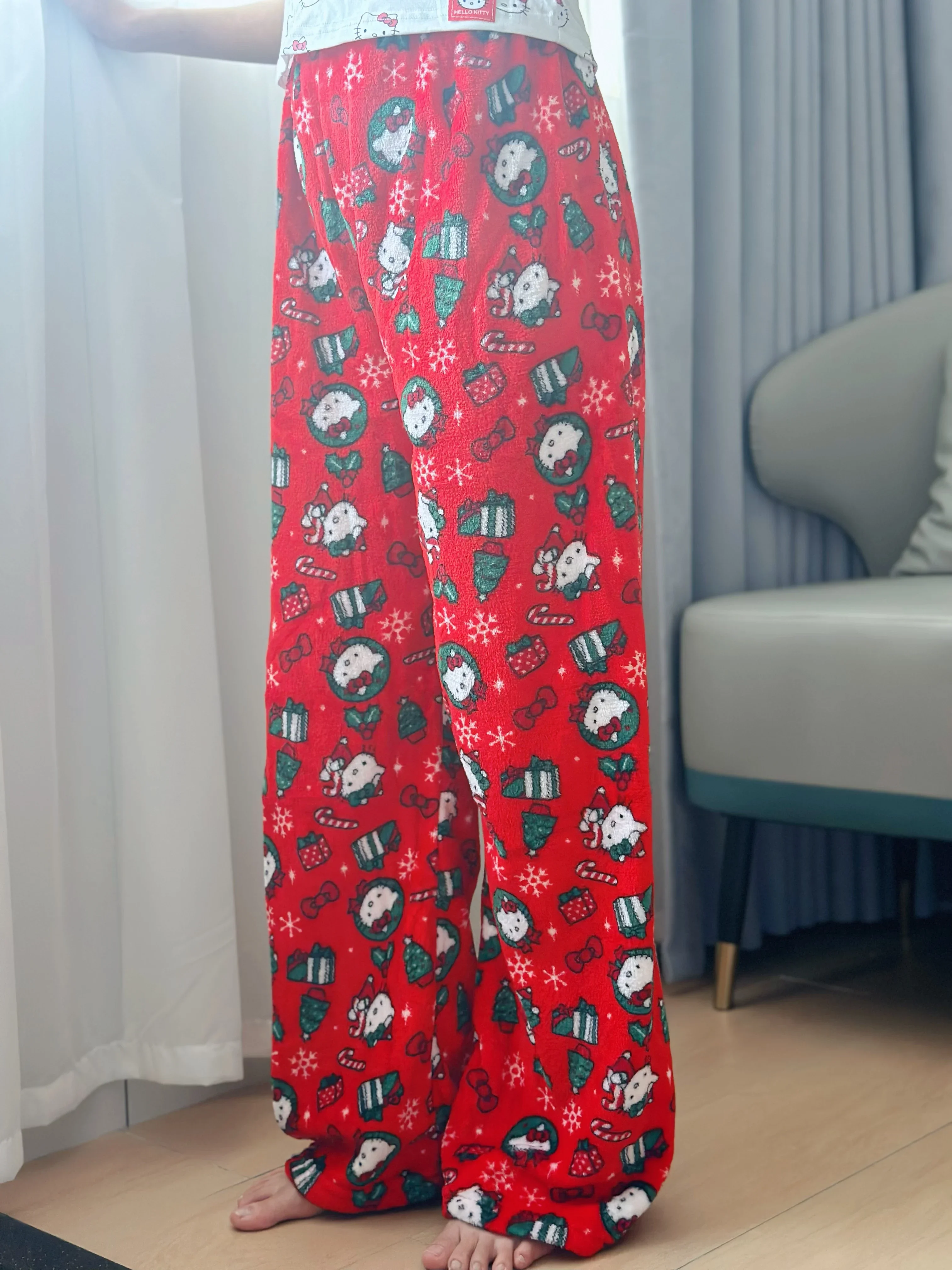 Hello Kitty Christmas Pants Cartoon Flannel Loungewear Autumn Winter Casual Trousers Women's Home Pants Christmas Gifts