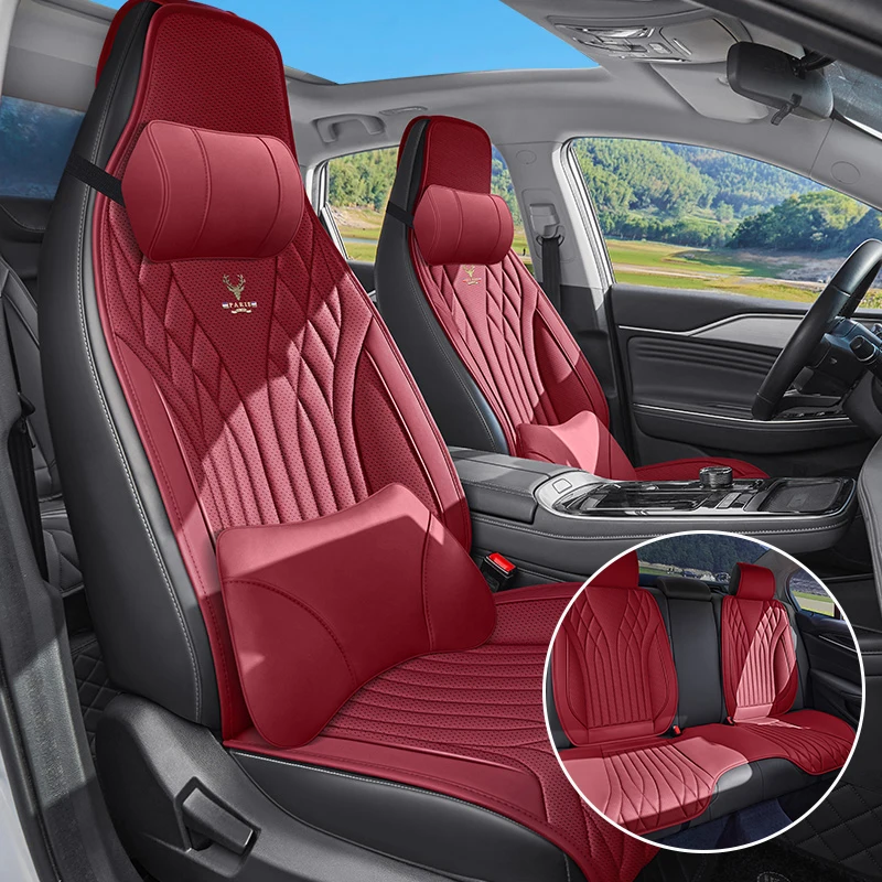 (Luxury Edition) 5 Seats in Total, with 2 Soft Headrests and 2 Comfortable Lumbar Supports, Simple and Luxurious Pu Leather Integrated Car Seat Cushions, Delicate Texture, Comfortable to Sit On, Breathable and Not Stuffy, Suitable for All Seasons, Fits the Seat Well, Non-Slip and Does Not Shift Easily, Simple and Convenient Installation, Available in 6 Colors, Suitable for Various Models Such as Sedans, Suvs, Trucks