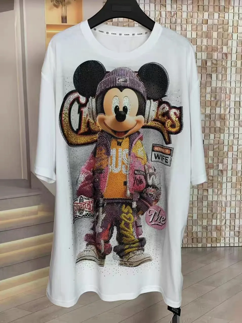 European and American trendy brand fashion new heavy industry full diamond letter cartoon printed loose short sleeved T-shirt